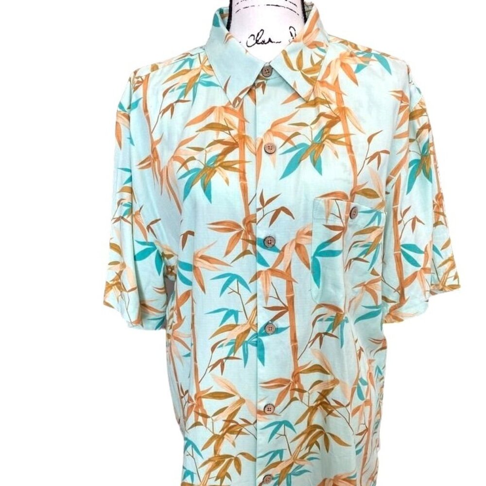 Mens Joe Marlin Shirt Large Short Sleeve Hawaiian Bamboo Turquoise Brown Cotton